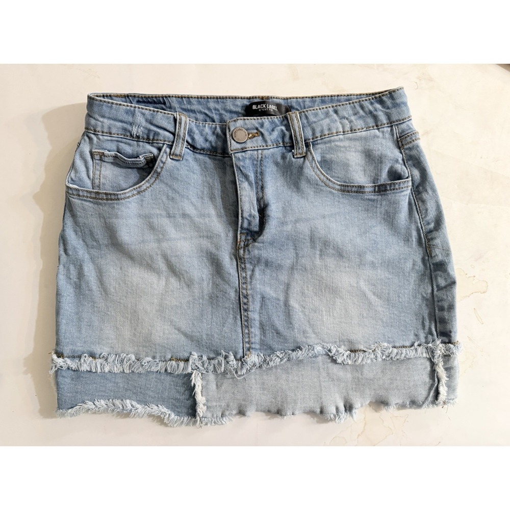 Black Label Denim Mini Skirt Womens Size M Blue Fringe Raw Hem Festival
